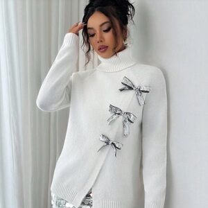 Elegant White Sweater with Silver Bows